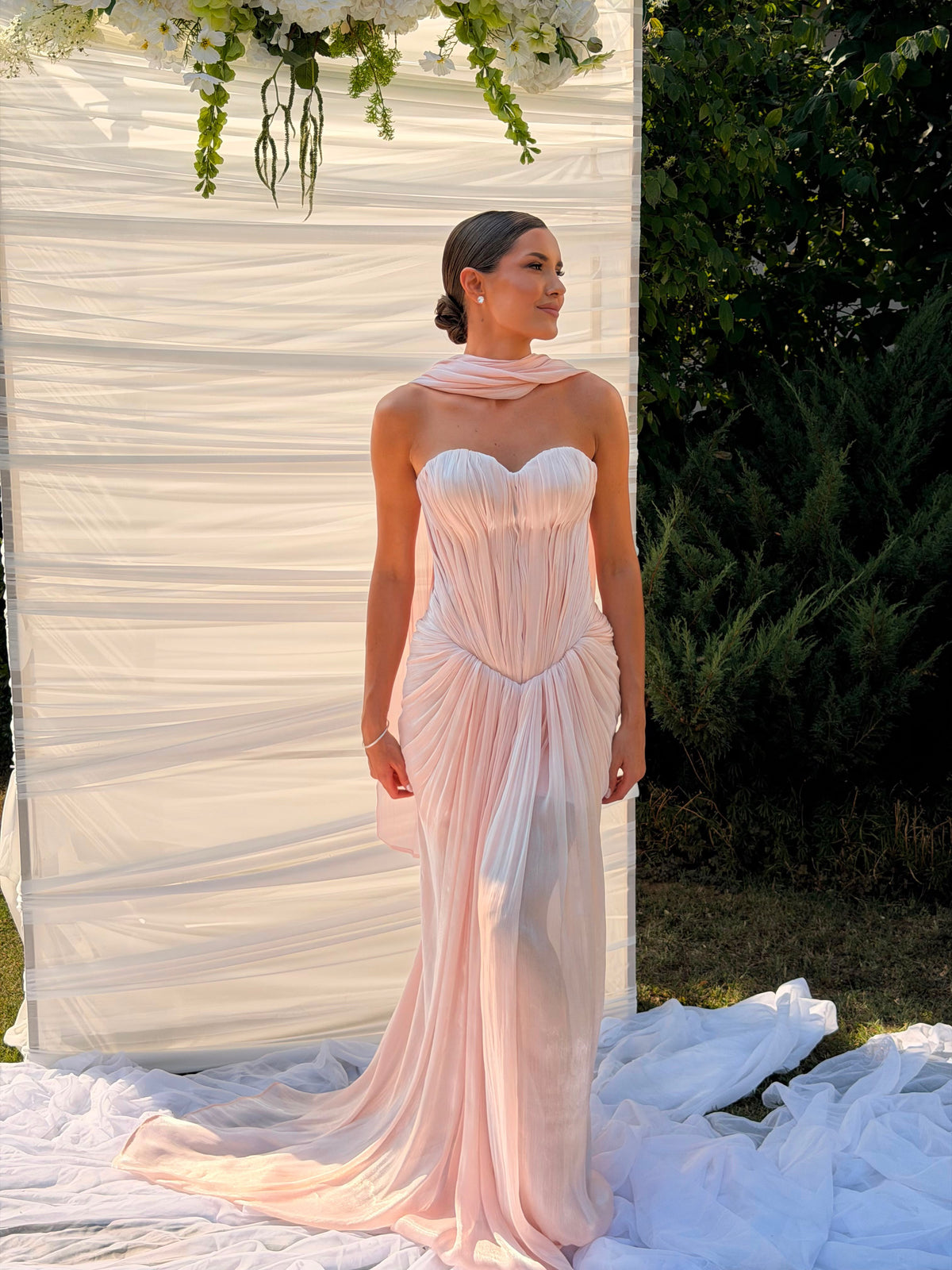Strapless Corset Evening Dress with Scarf