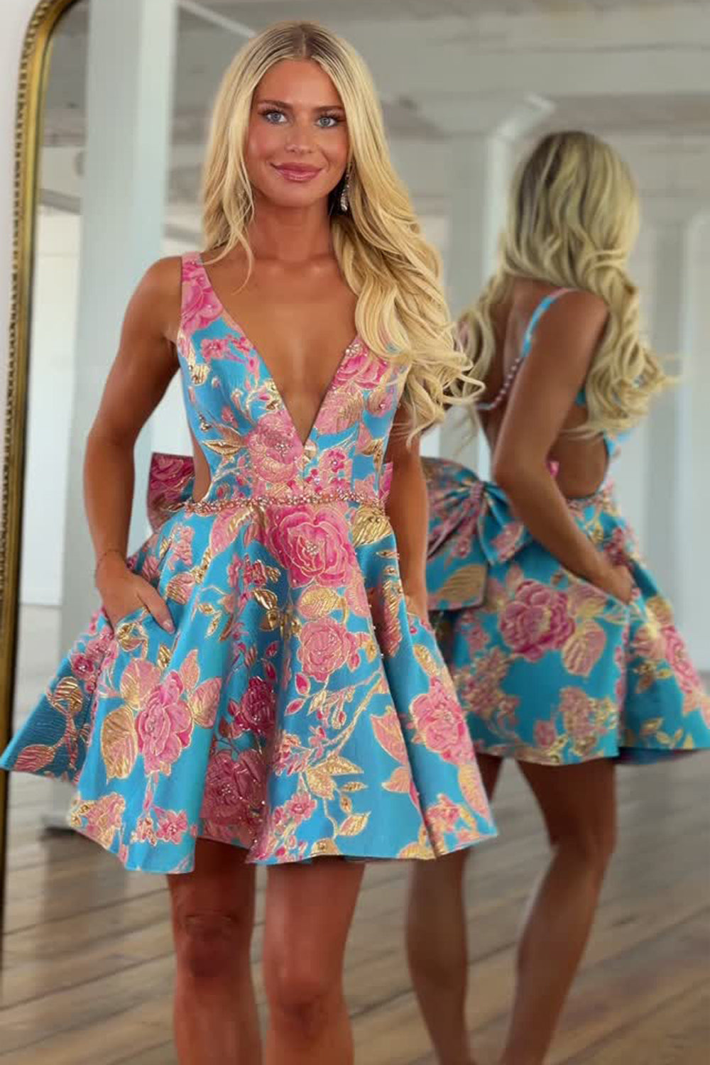 Deep V-Neck Floral Jacquard Mini Dress with Bow