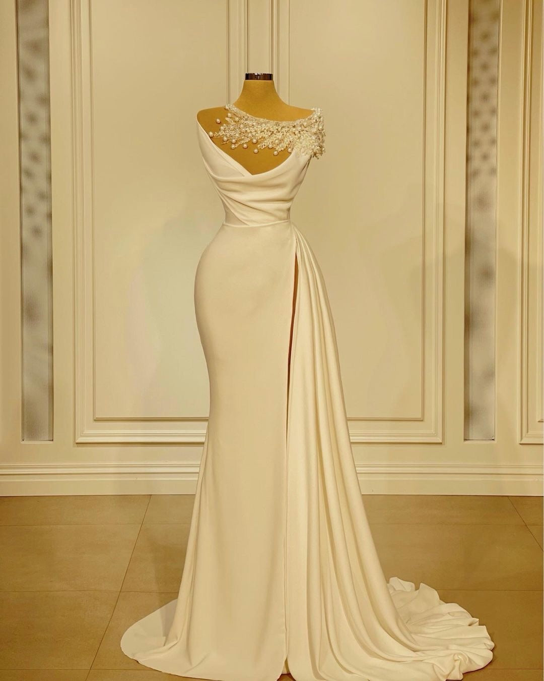 Pearl-Embellished Asymmetrical Mermaid Gown