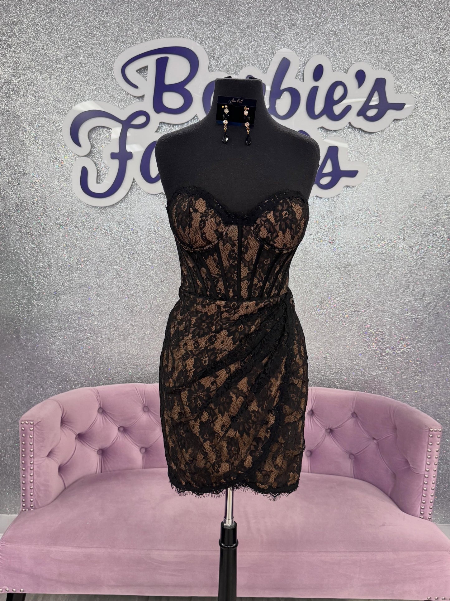 Strapless Lace Corset Mini Dress with Draped Skirt