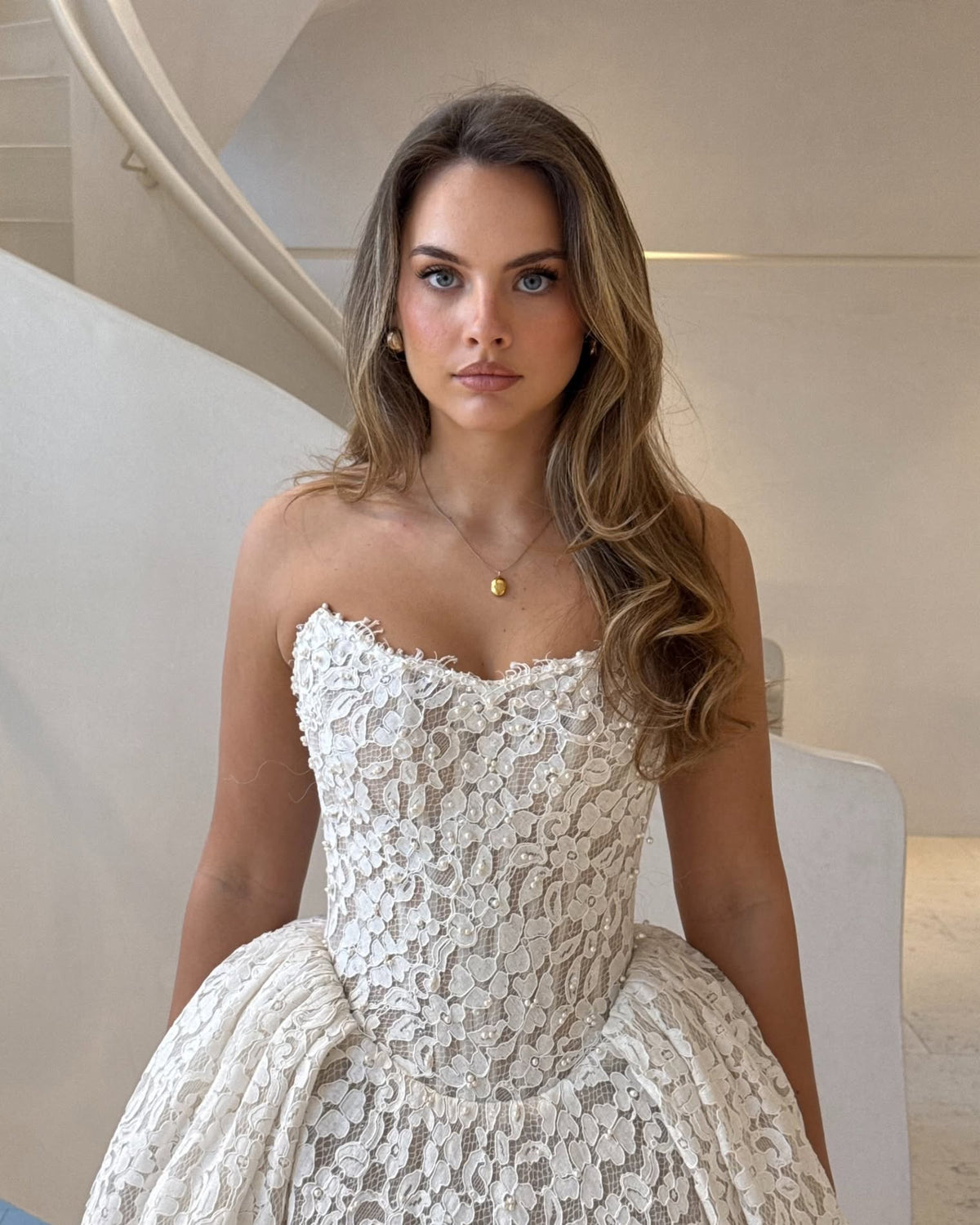 Strapless Floral Lace Basque Waist Ball Gown Wedding Dress