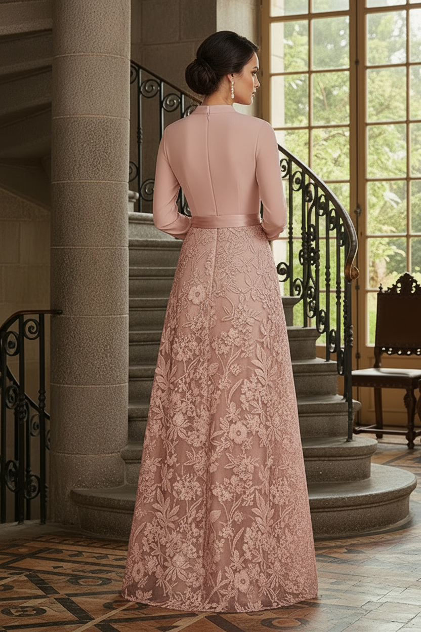 Elegant Pleated V-Neck Long Sleeve A-Line Gown