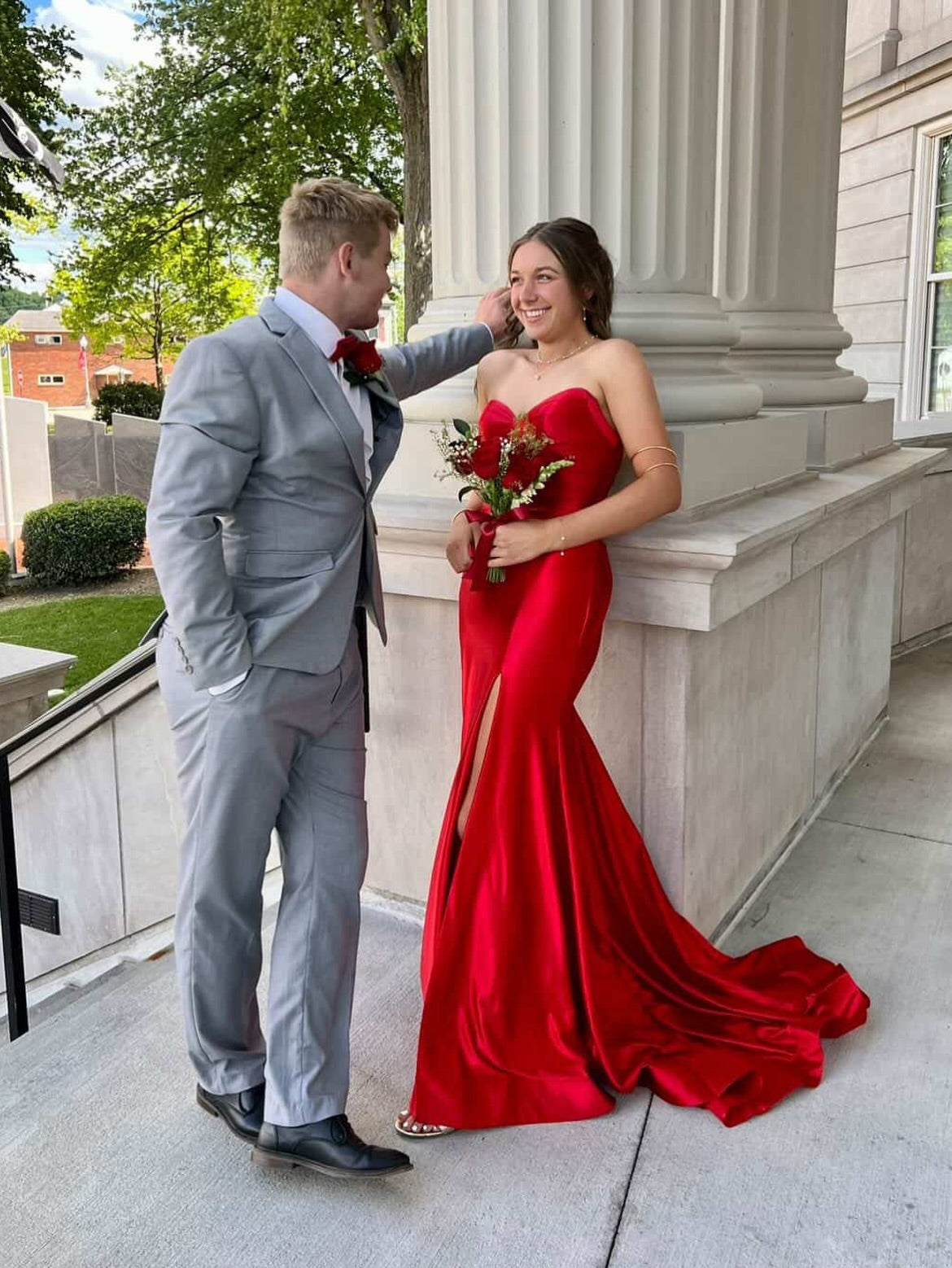 Strapless Satin Mermaid Gown with High Slit