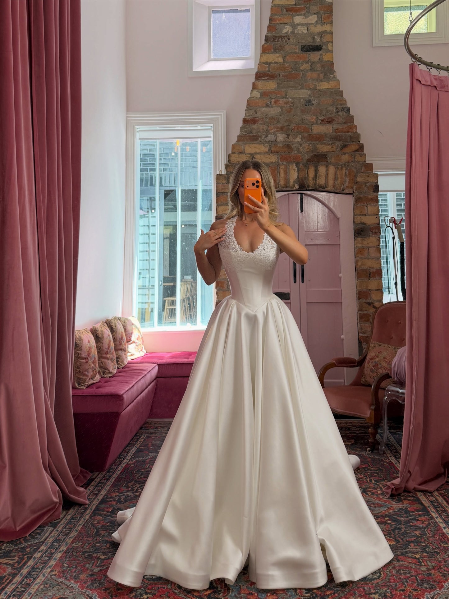 Satin Halter Ball Gown Wedding Dress with Pockets