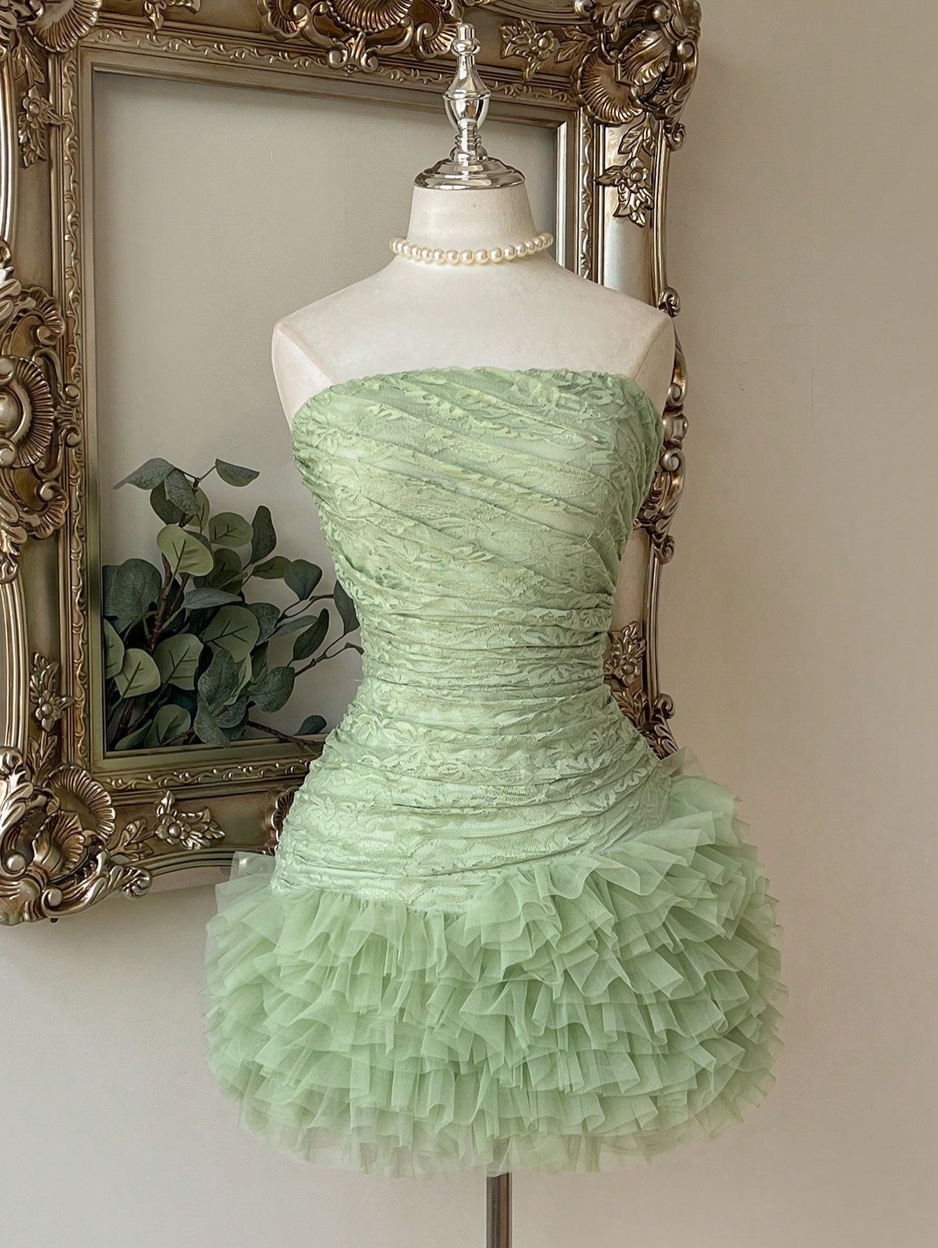 Ruched Strapless Ruffle Mini Dress