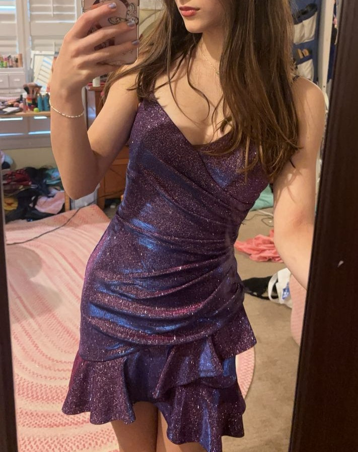 Iridescent Ruched Ruffle Mini Dress