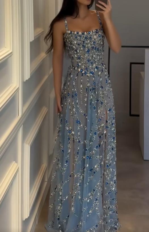 Crystal Embellished Spaghetti Strap Evening Gown