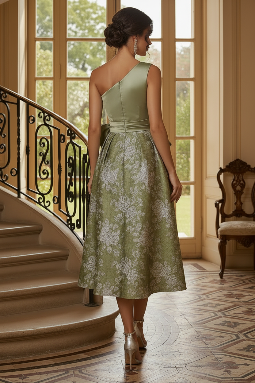 One-Shoulder Satin and Jacquard Midi Dress