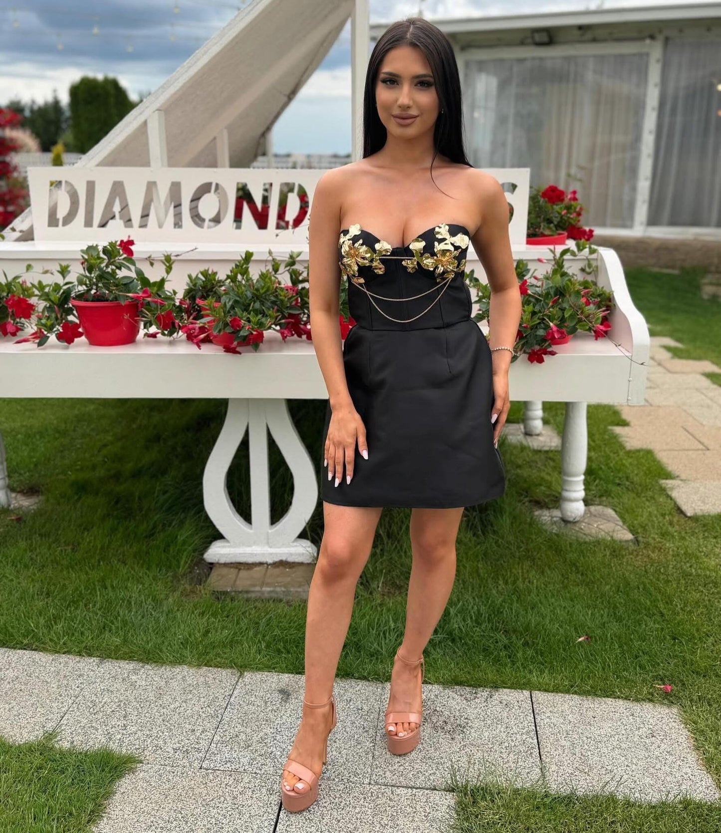 Strapless Corset Mini Dress with 3D Floral Accents