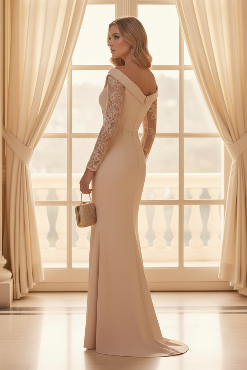 Off Shoulder Lace Sleeve Evening Gown with Slit