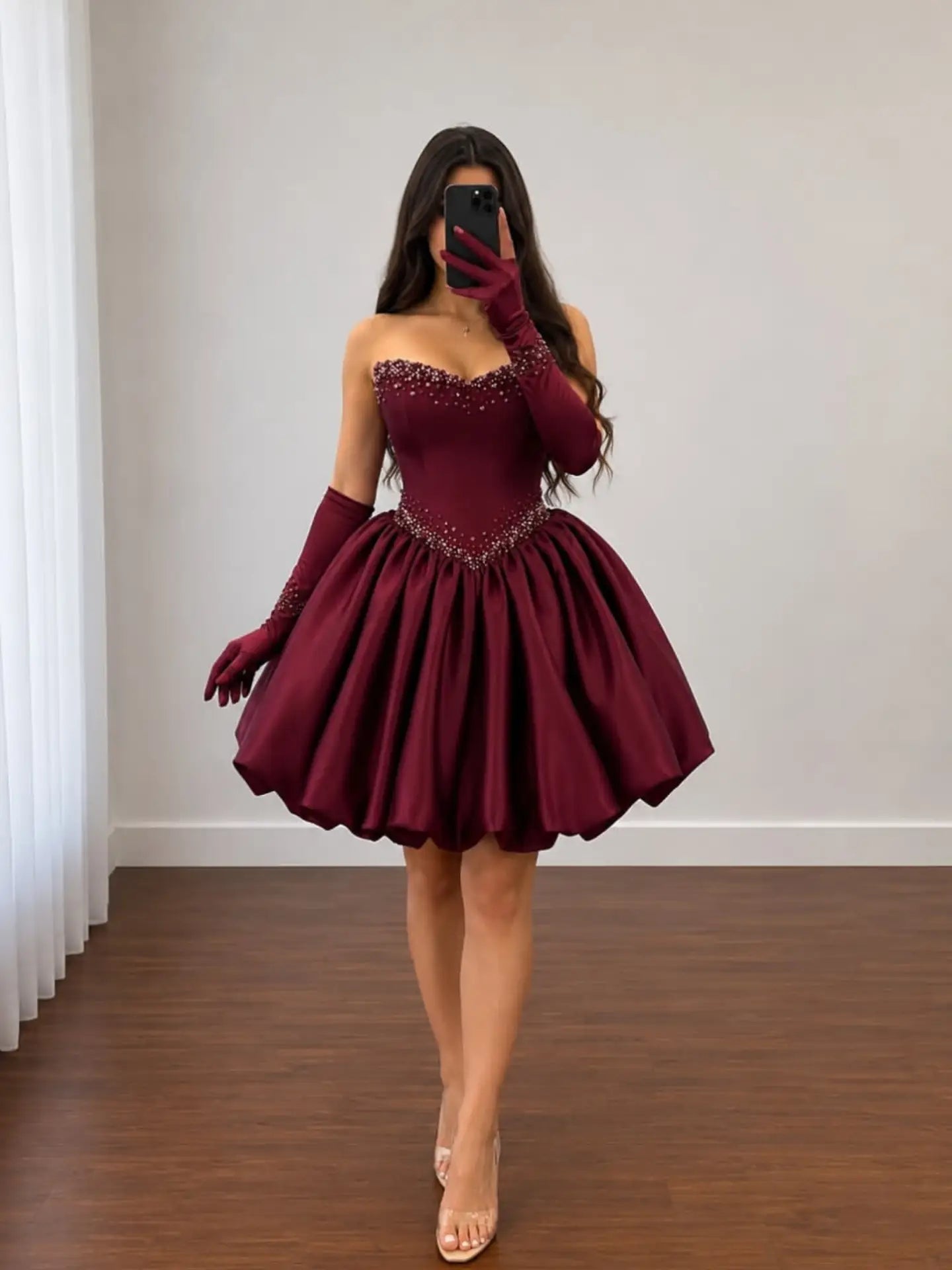 Strapless Beaded Bubble Mini Dress with Matching Gloves