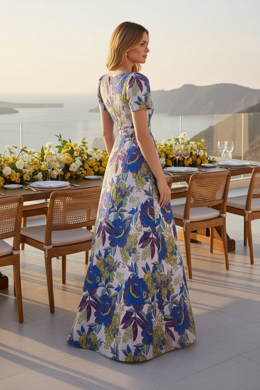 Floral Jacquard A-Line Short Sleeve Maxi Dress