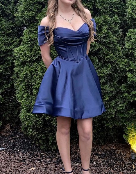 Off-the-Shoulder Corset Satin A-Line Mini Dress