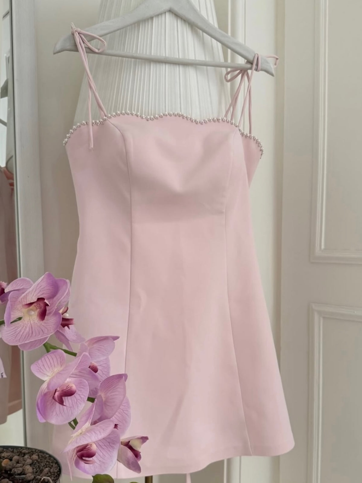 Pearl-Trim Scalloped Neckline A-Line Mini Dress