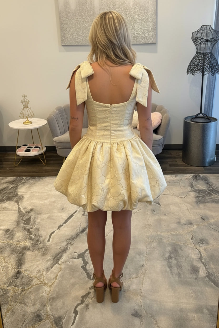 Jacquard Bubble Skirt Mini Dress with Shoulder Bows