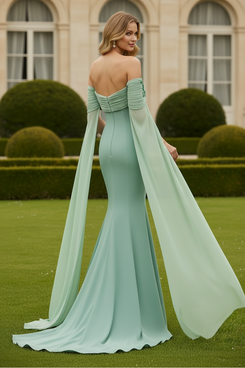 Off-Shoulder Pleated Cape Trumpet Gown