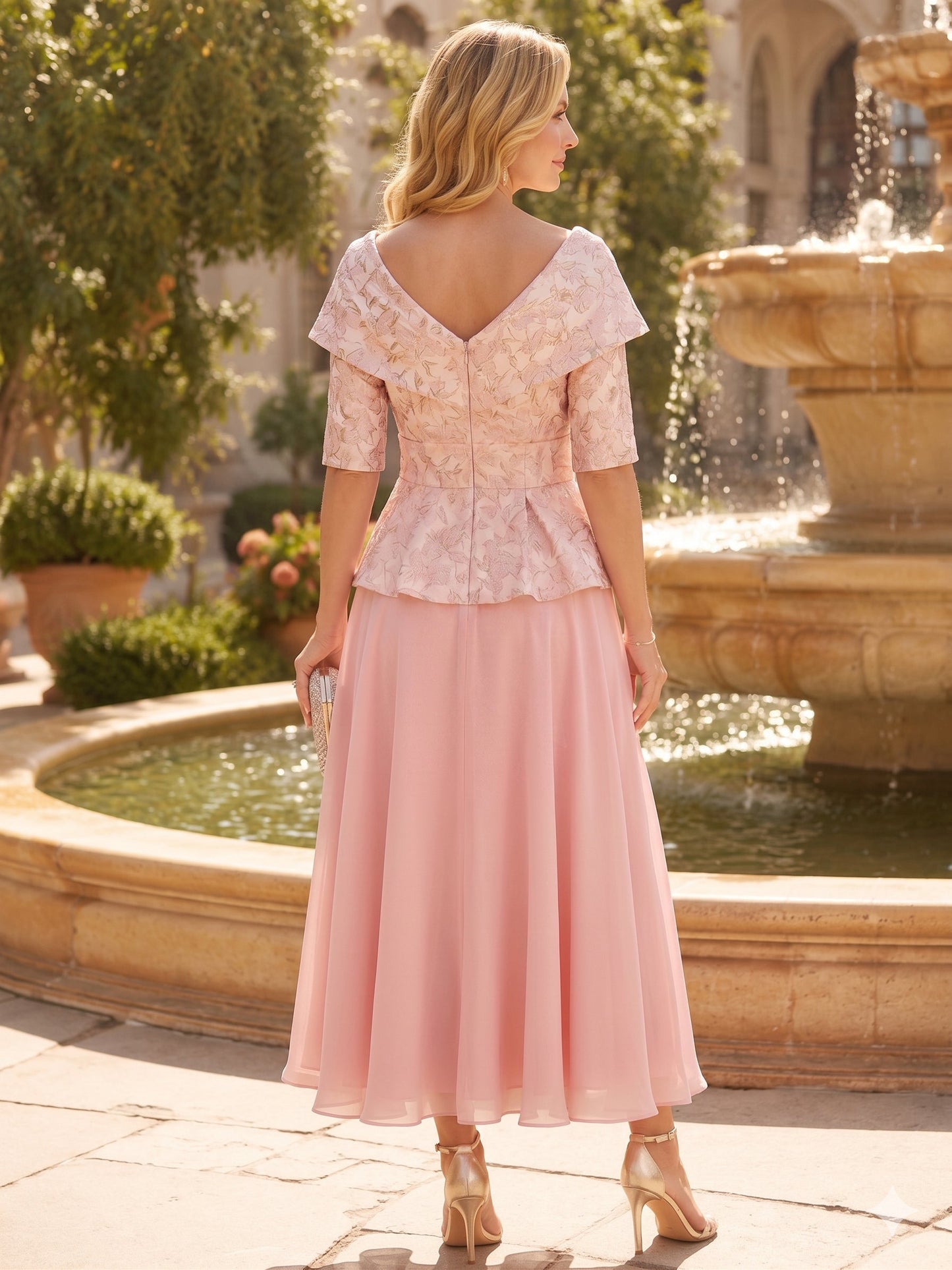Jacquard Peplum Tea-Length Mother of the Bride Dress