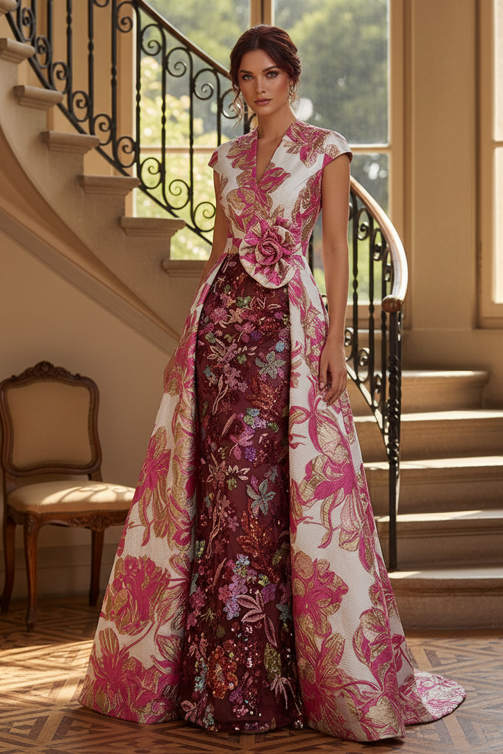 Jacquard Evening Gown with Embroidered Sheath Skirt