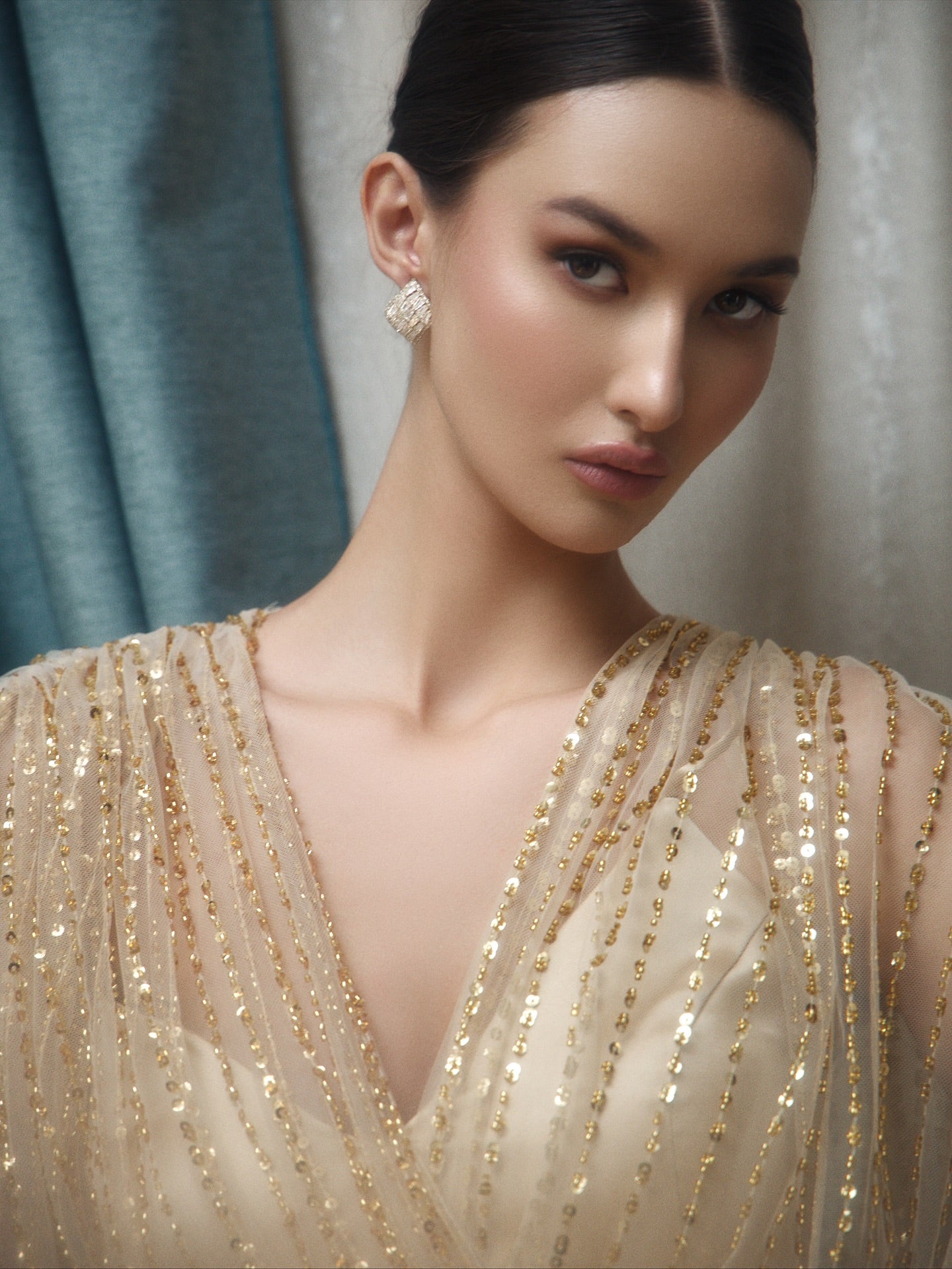 Beaded Illusion V-Neck Column Evening Gown