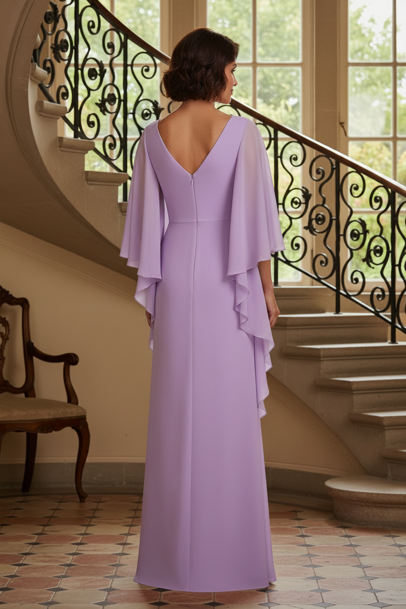 V-Neck Chiffon Evening Gown with Cape Details
