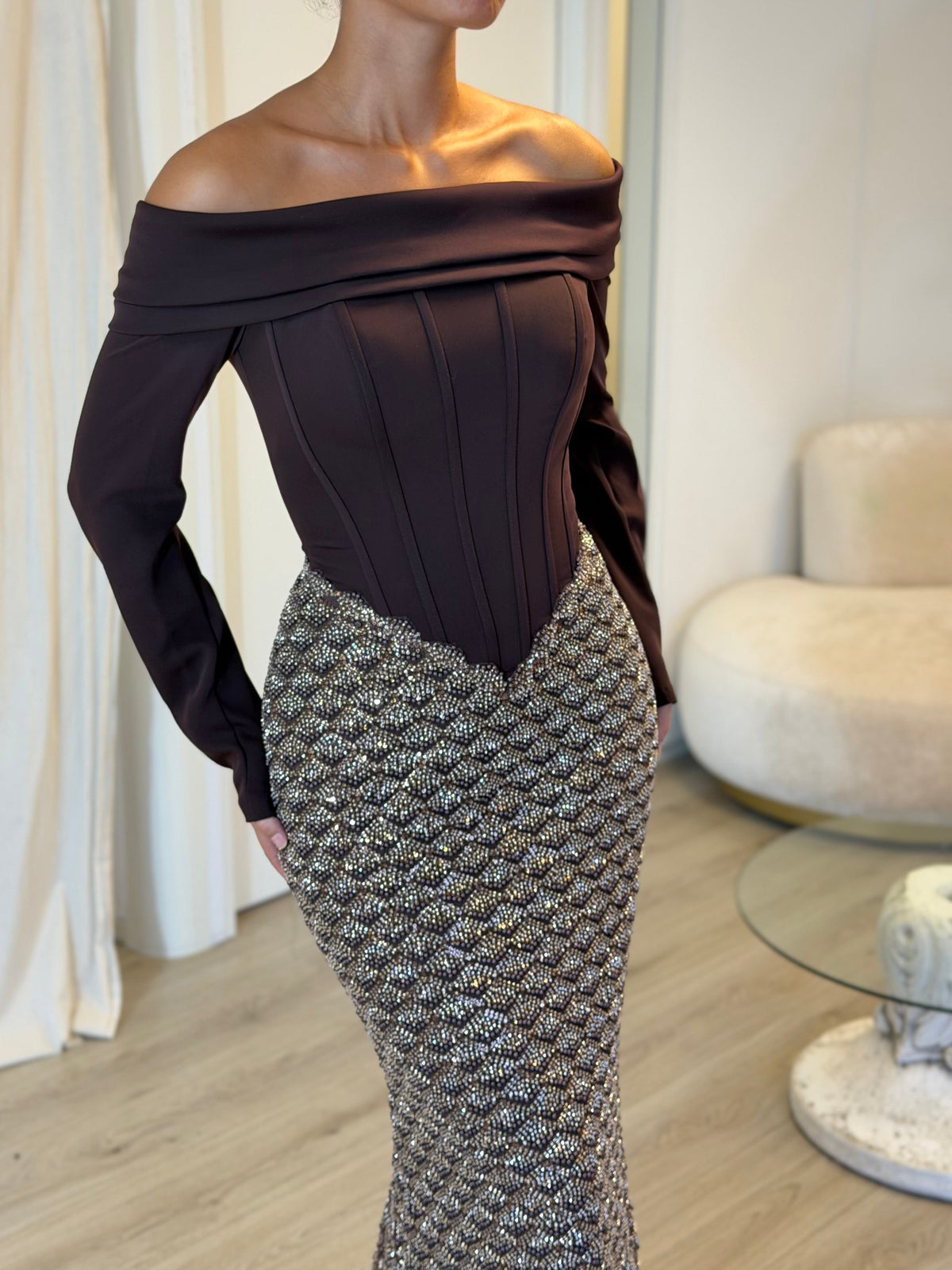 Off-the-Shoulder Corset Gown with Scalloped Sequin Skirt