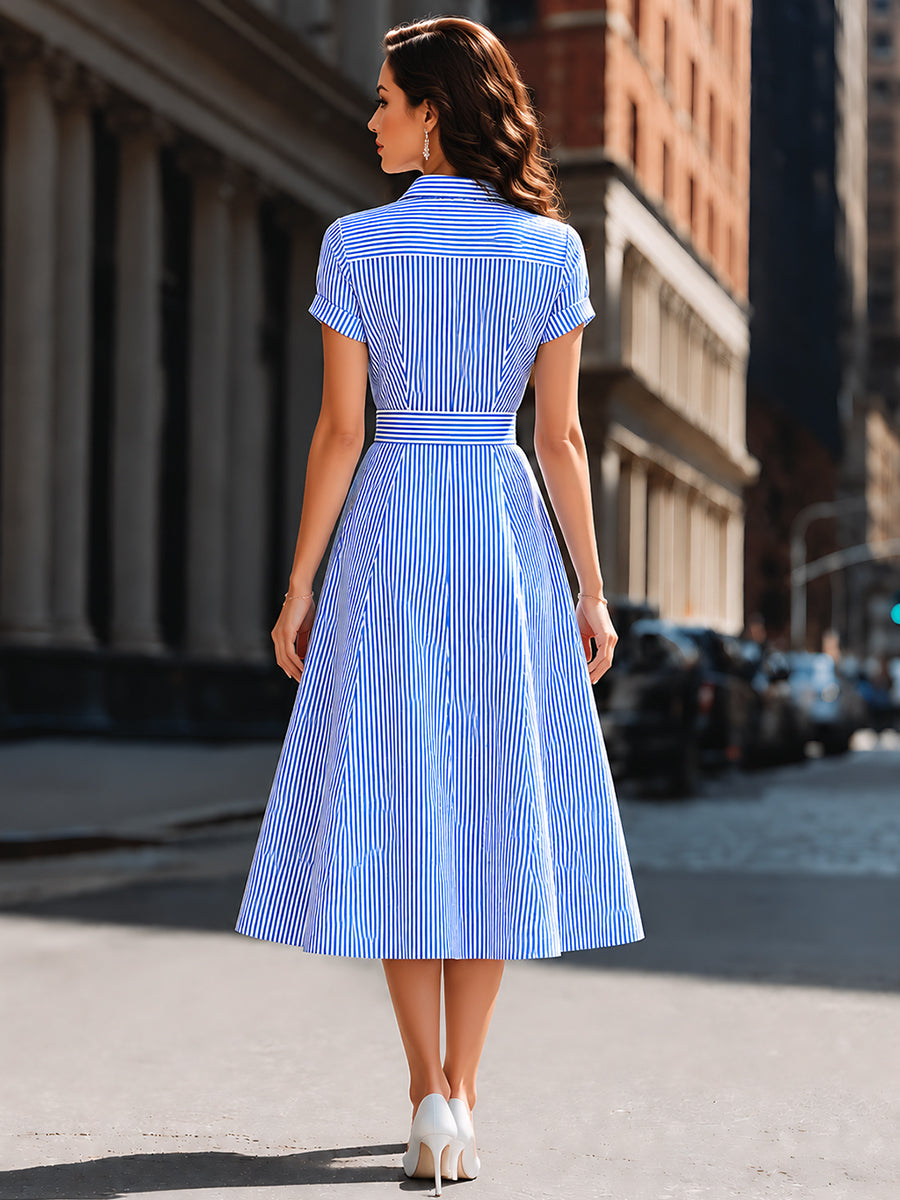 Striped Short-Sleeve A-Line Shirt Dress