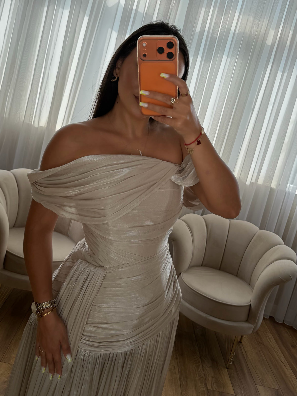 Pleated Off-the-Shoulder Evening Gown