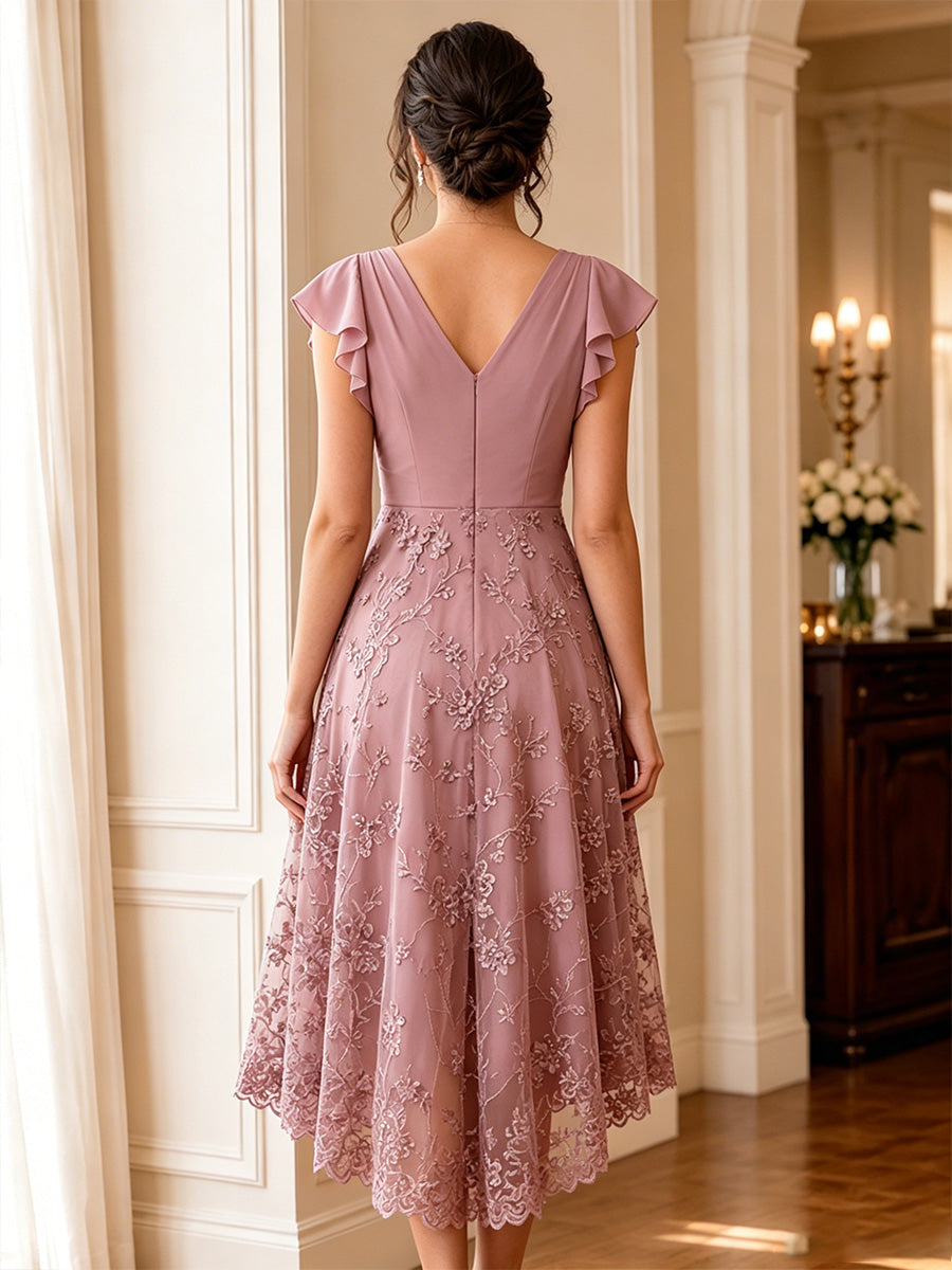 V-Neck Flutter Sleeve High-Low Lace Dress