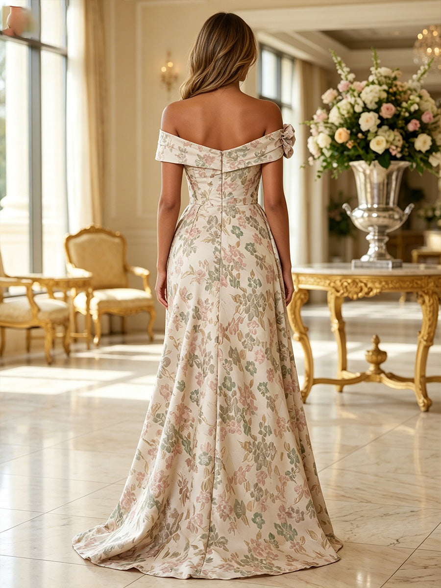Off-the-Shoulder Floral Jacquard Gown