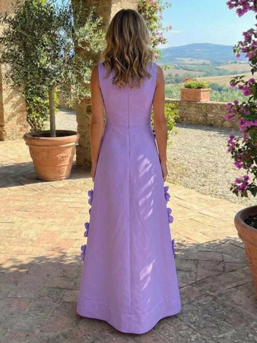 Sleeveless A-Line Maxi Dress with 3D Floral Appliques