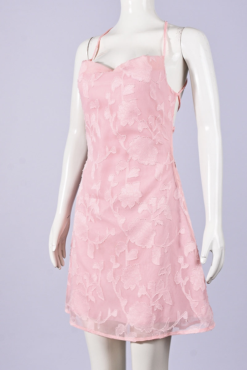 Floral Jacquard Crisscross Tie-Back Mini Slip Dress