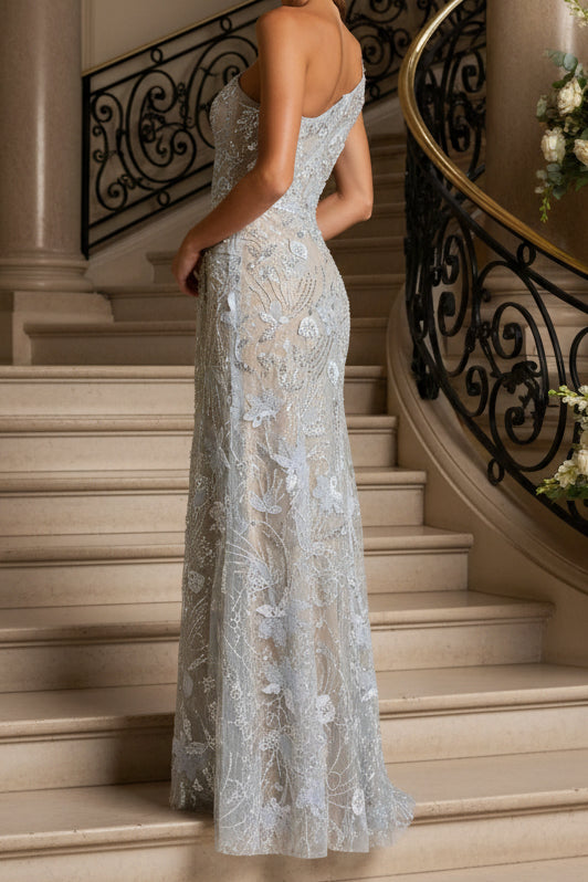 One-Shoulder Embroidered Floral Sheath Gown