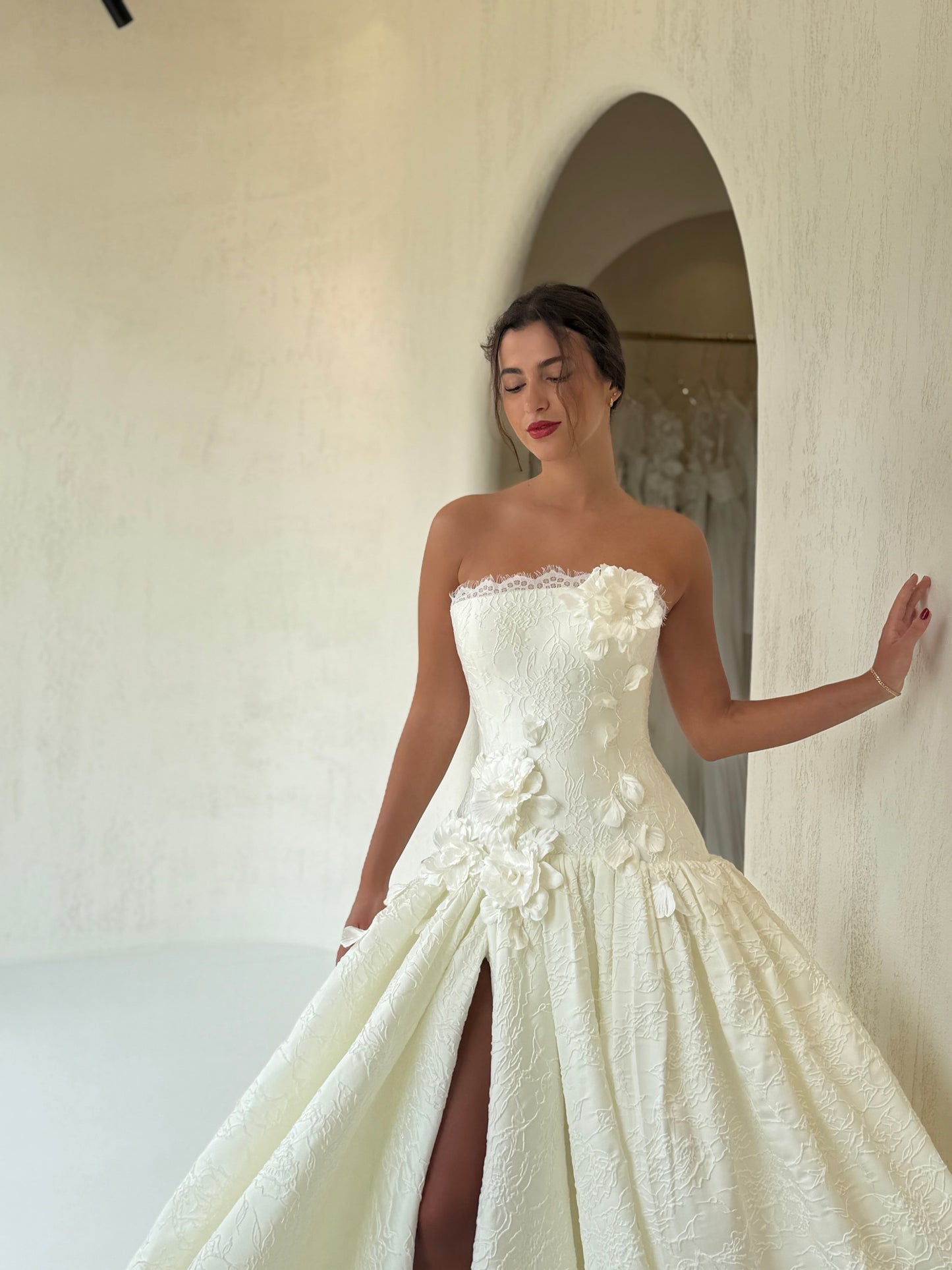 Strapless Jacquard Ball Gown with 3D Flowers