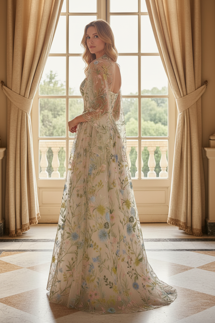 Floral Embroidered Strapless A-Line Gown with Shawl
