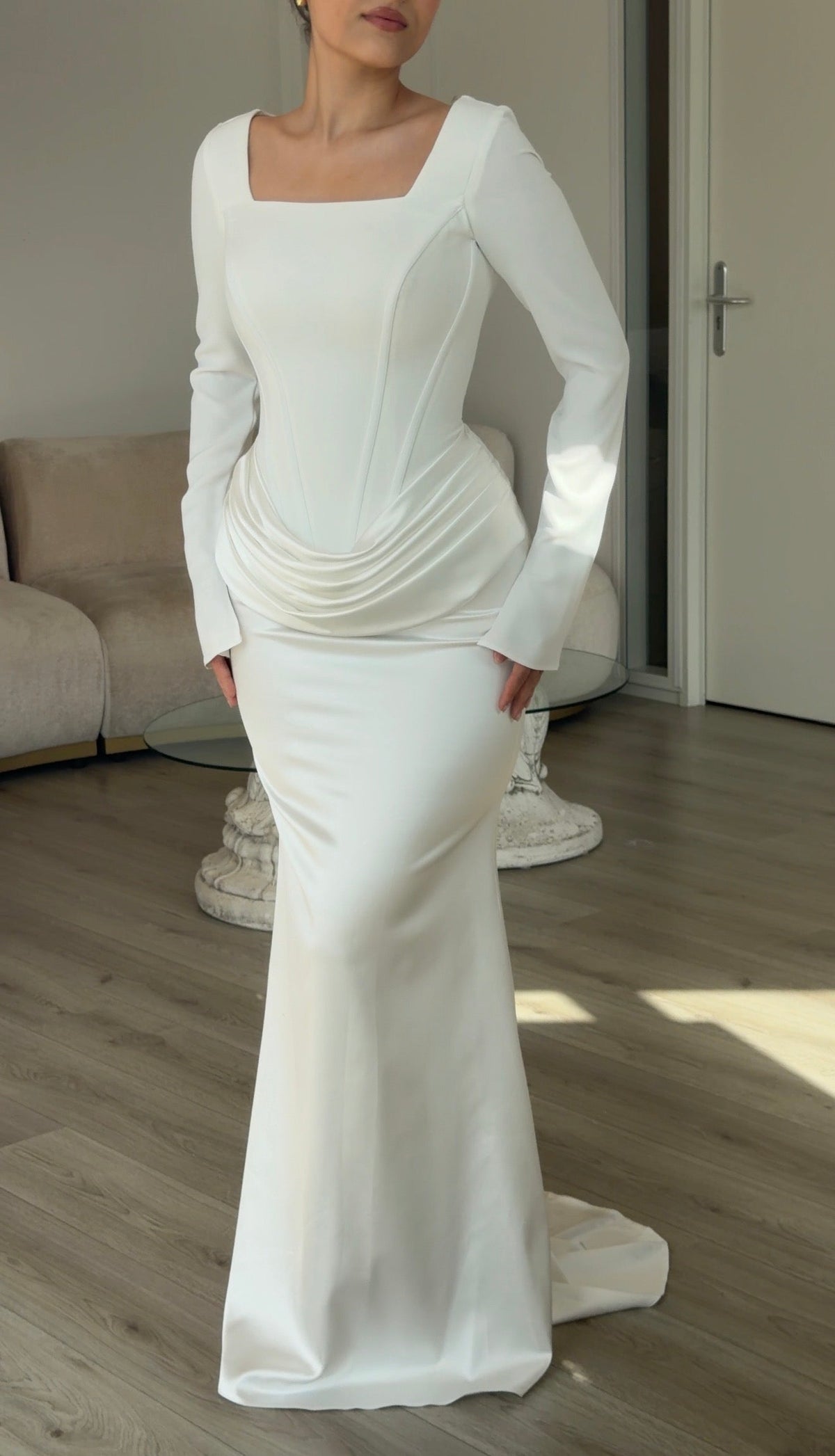 Long Sleeve Corset Gown with Draped Satin Skirt