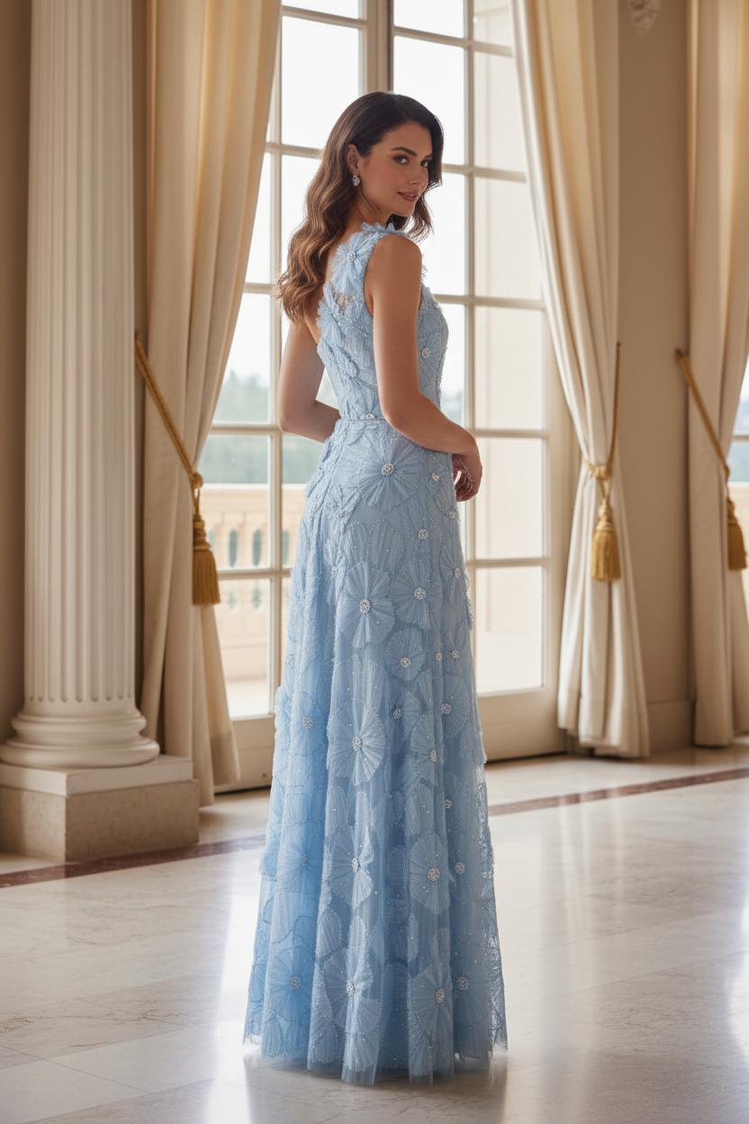 One Shoulder 3D Floral Applique Evening Gown