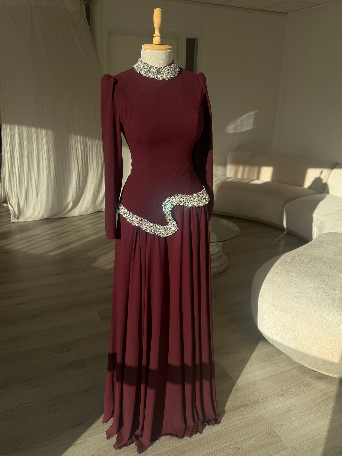 High Neck Long Sleeve Evening Gown with Crystal Trim