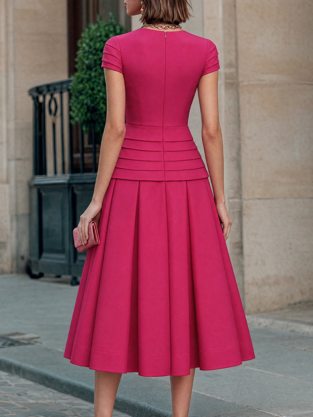 Tiered Waist Short-Sleeve Midi Dress with Pleated Skirt