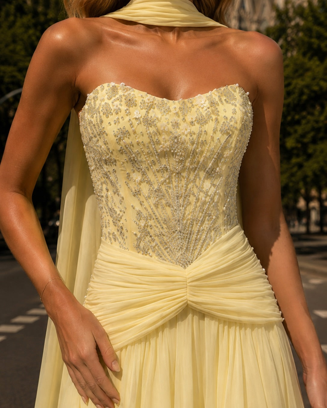 Strapless Beaded Corset Gown with Scarf