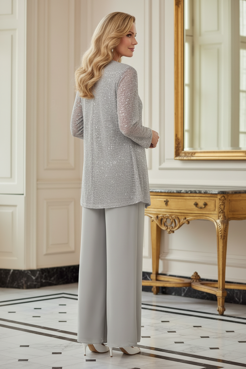 Women's 3-Piece Sequin Pantsuit with Wide-Leg Chiffon Pants