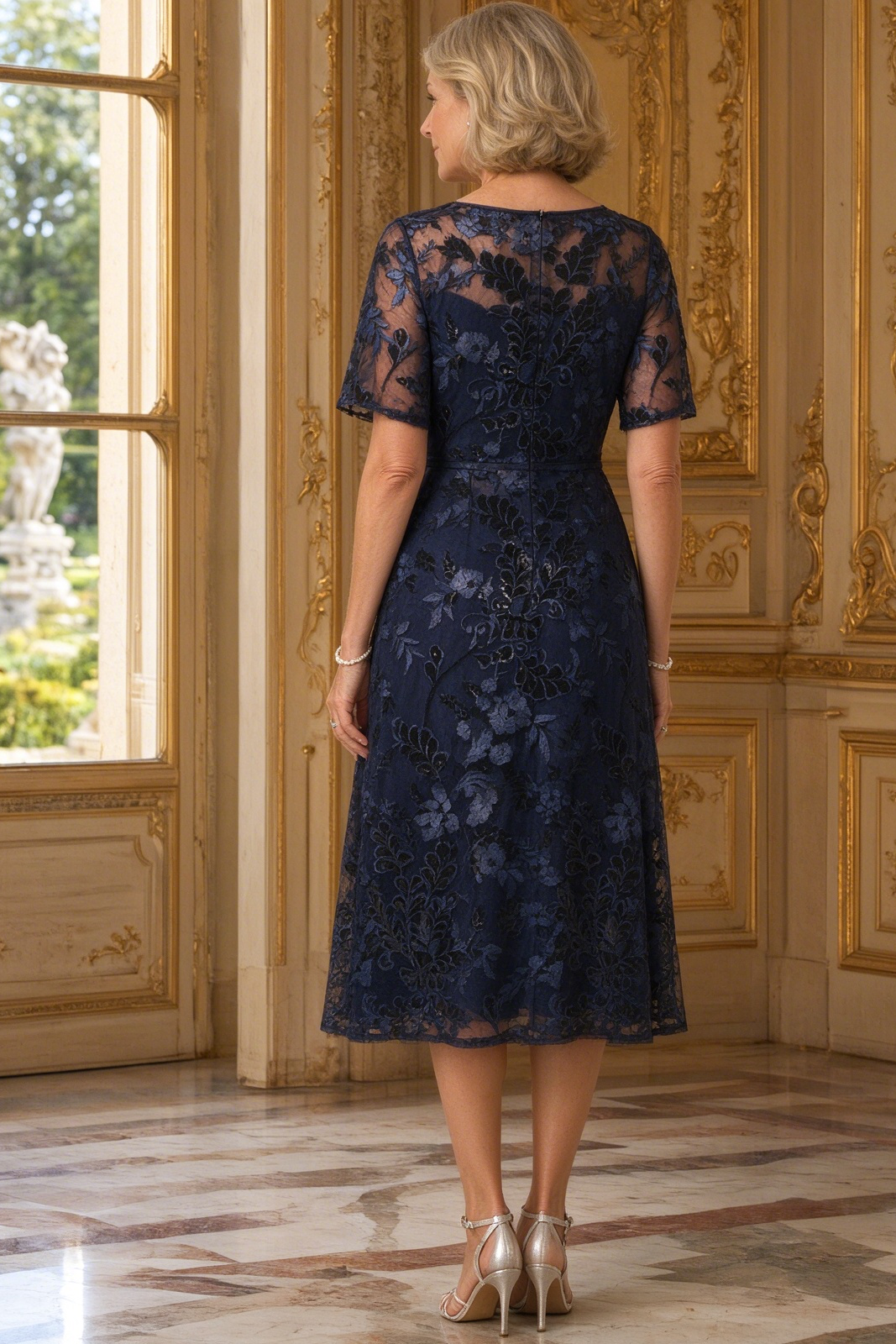 Embroidered Floral Lace Midi Dress with Sleeves