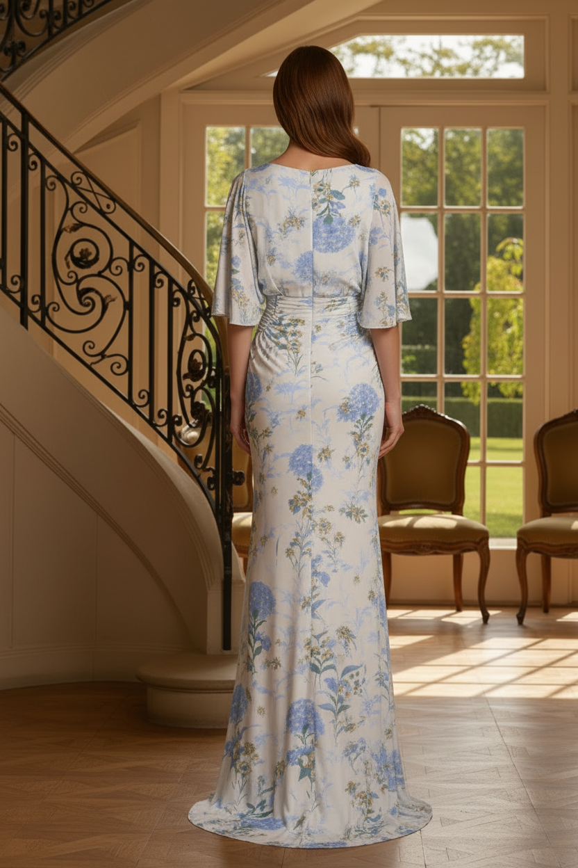 Floral Ruched Mermaid Gown with Flutter Sleeves