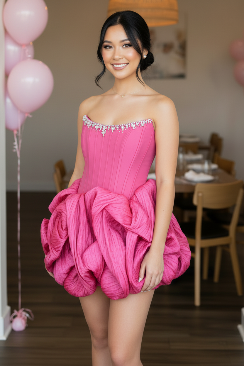 Strapless Crystal Embellished Corset Bubble Mini Dress