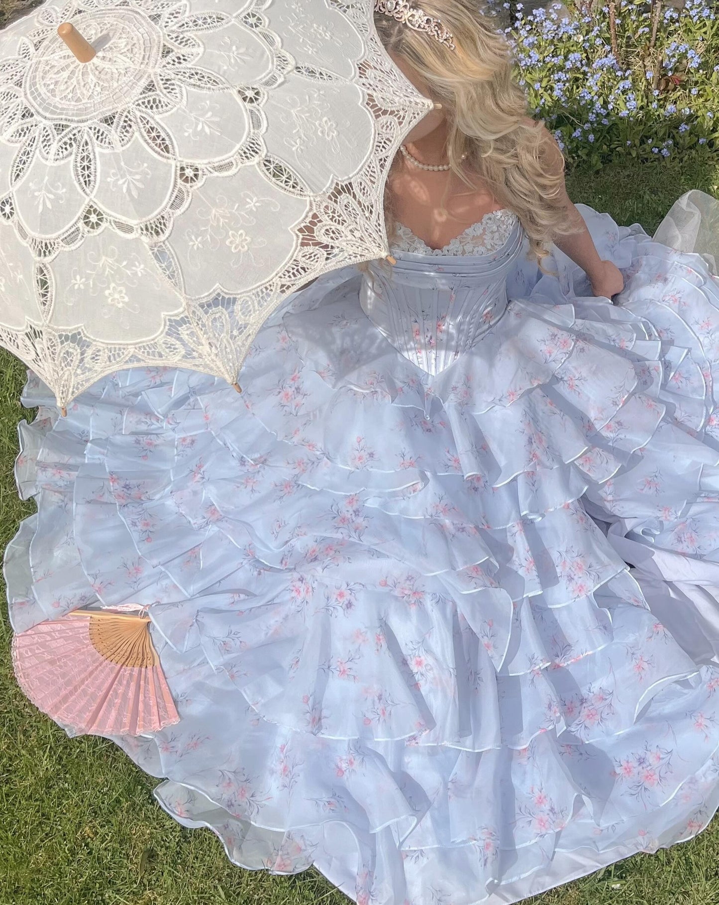 Floral Print Tiered Corset Ball Gown