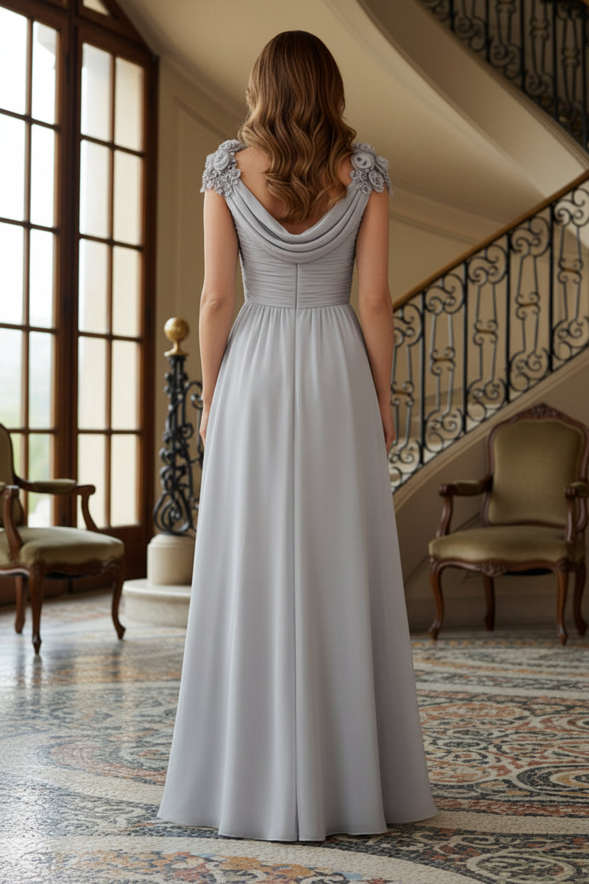 Cowl Neck Chiffon Gown with 3D Floral Shoulders