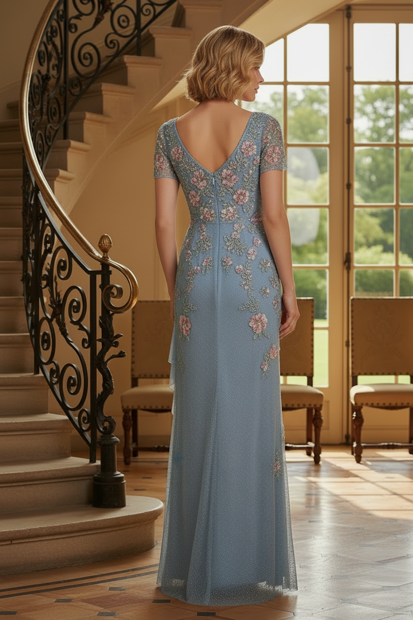 Floral Embroidered Sheath Evening Gown