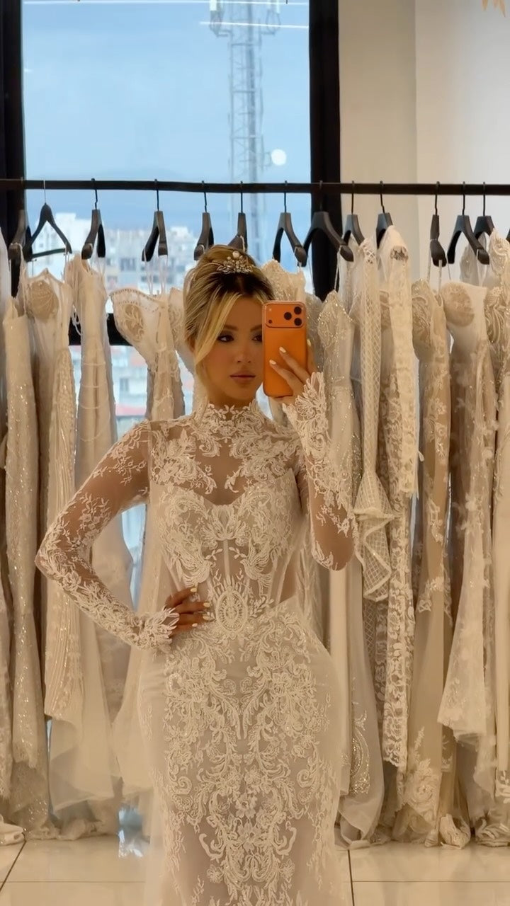 Lace High Neck Wedding Dress with Train