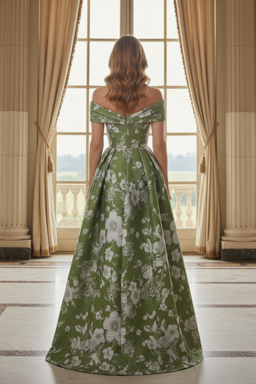 Off-the-Shoulder Floral Jacquard A-Line Evening Gown