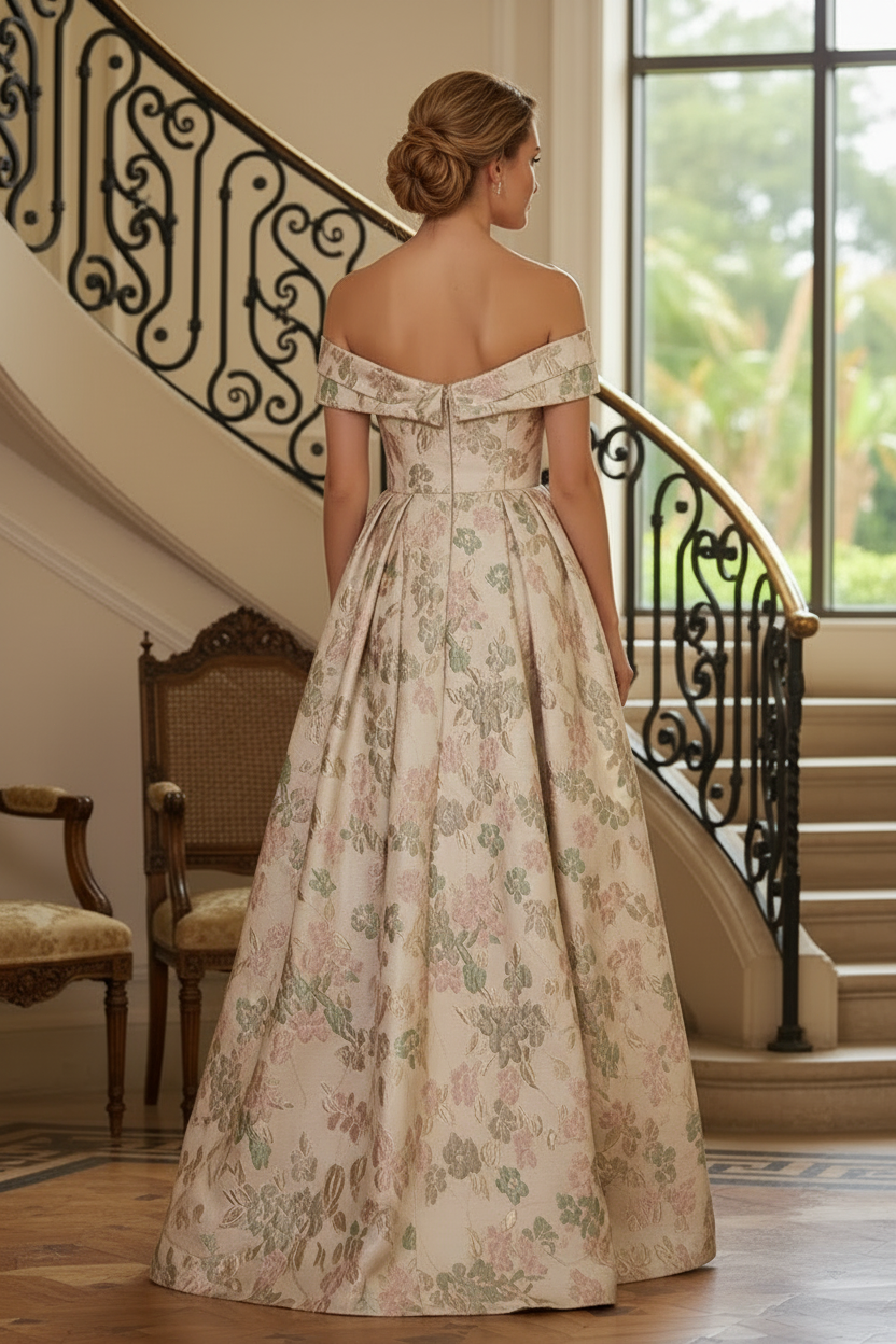 Off-the-Shoulder Floral Jacquard Gown
