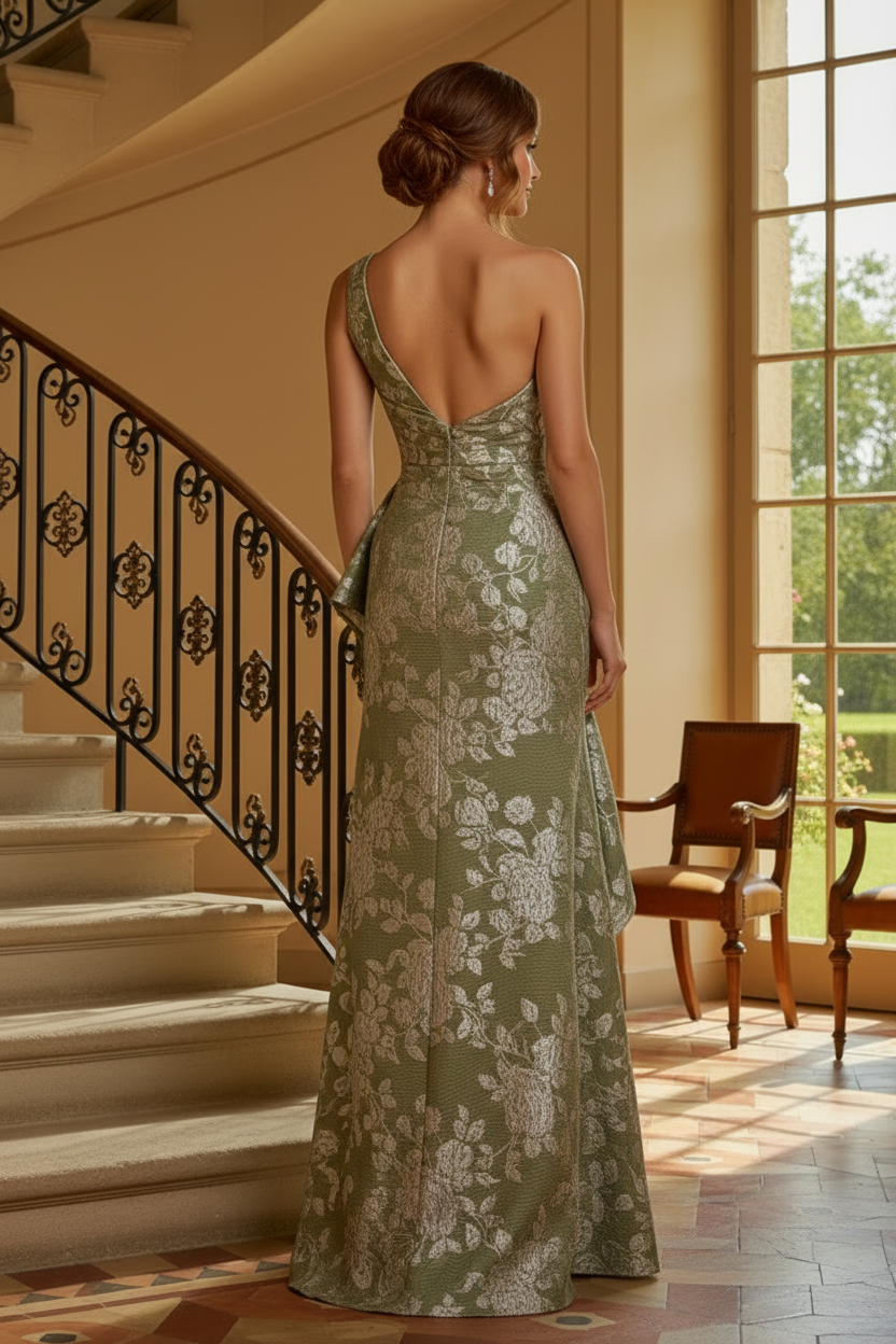 One-Shoulder Floral Jacquard Evening Gown